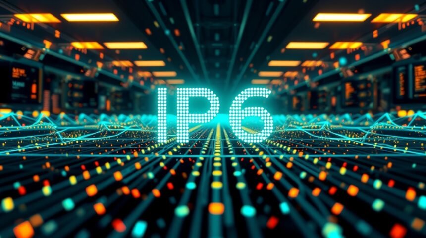 Ilustrácia IPv6 s futuristickým dizajnom a dátovými prúdmi