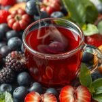 Hrnček červeného čaju obklopený ovocím a bylinkami.