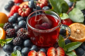 Hrnček červeného čaju obklopený ovocím a bylinkami.
