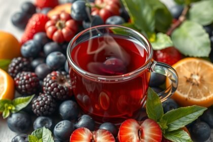 Hrnček červeného čaju obklopený ovocím a bylinkami.