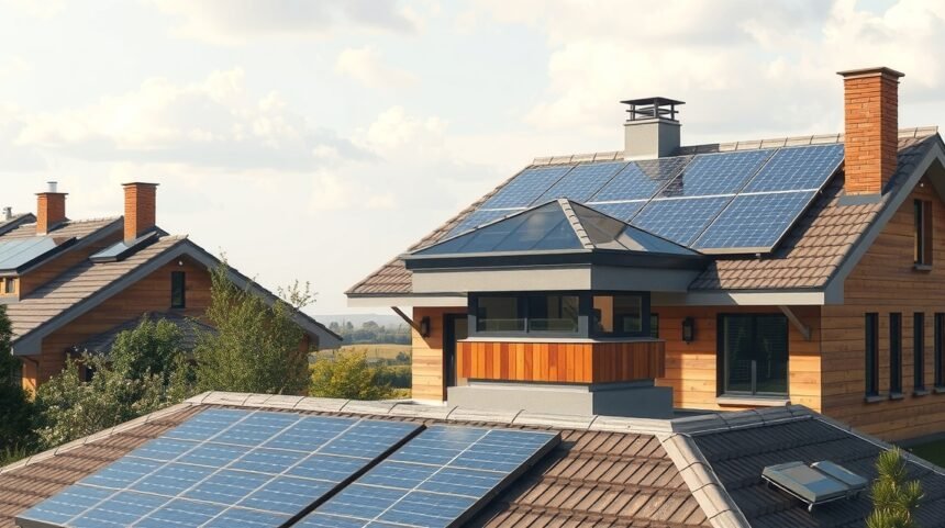 Dom s fotovoltaickými panelmi a slnečným komínom