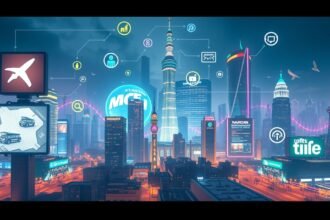 Moderné mesto s digitálnymi signálmi a technológiou