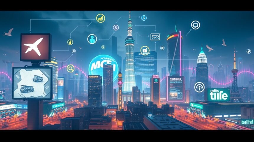 Moderné mesto s digitálnymi signálmi a technológiou