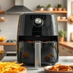 Teplovzdušná fritéza s večerou a zdravými jedlami na stole