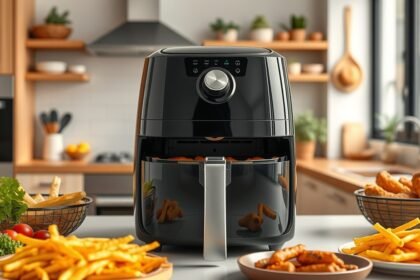 Teplovzdušná fritéza s večerou a zdravými jedlami na stole