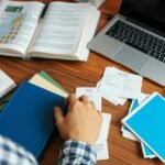 Osoba učí sa cudzie jazyky s knihami a kartičkami