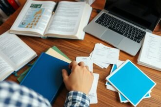 Osoba učí sa cudzie jazyky s knihami a kartičkami