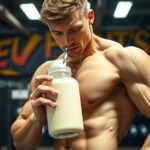 Mladý muž s bielkovinovým nápojom v posilňovni