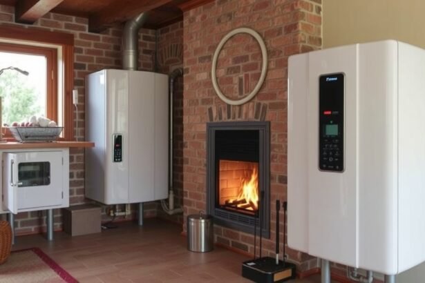 Moderný Atmos kotol v útulnom interiéri s krbom
