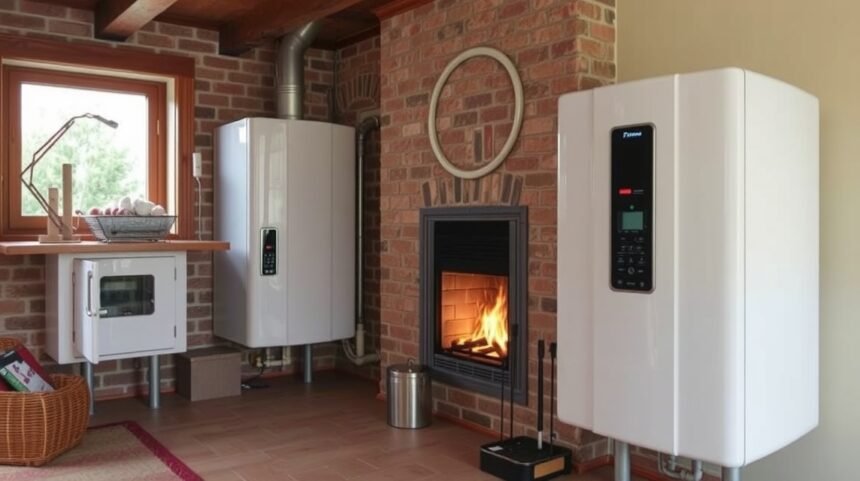 Moderný Atmos kotol v útulnom interiéri s krbom