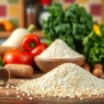 Bezlepková sezamová múka na drevenej doske s čerstvou zeleninou.