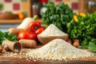 Bezlepková sezamová múka na drevenej doske s čerstvou zeleninou.