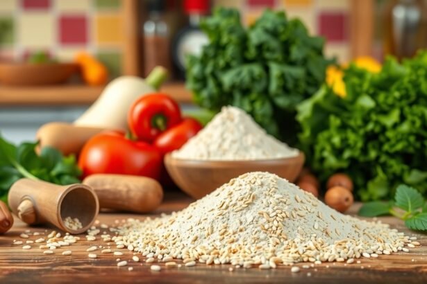 Bezlepková sezamová múka na drevenej doske s čerstvou zeleninou.