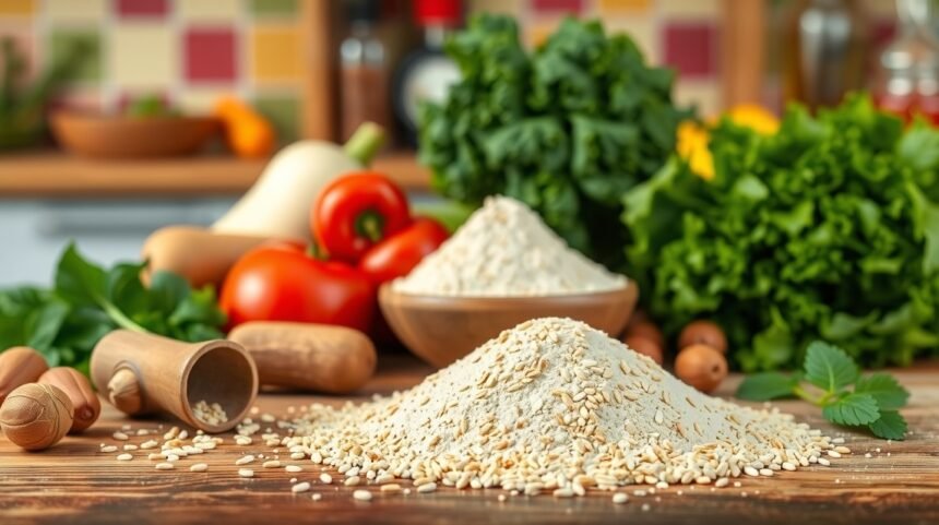 Bezlepková sezamová múka na drevenej doske s čerstvou zeleninou.