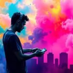 Mladý muž s slúchadlami používa mobilné zariadenie v farebnej atmosfére