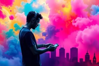 Mladý muž s slúchadlami používa mobilné zariadenie v farebnej atmosfére