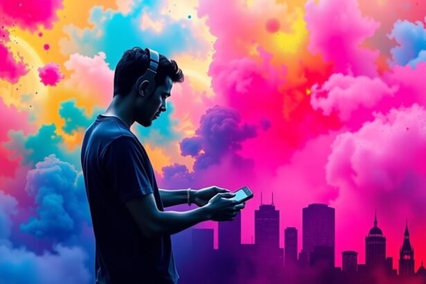 Mladý muž s slúchadlami používa mobilné zariadenie v farebnej atmosfére