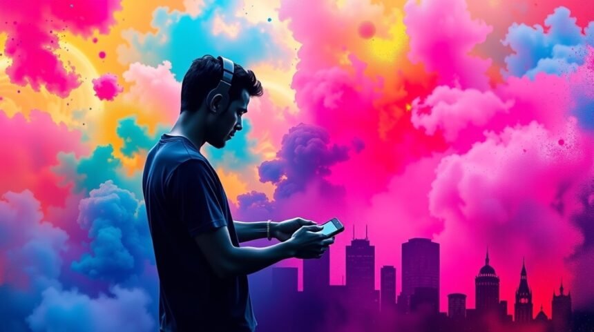 Mladý muž s slúchadlami používa mobilné zariadenie v farebnej atmosfére