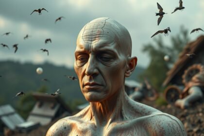 Muž s rozoznateľnými znakmi obavy a vtákmi v pozadí