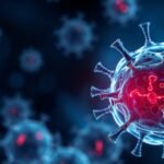 Mikroskopický pohľad na vírus s červenými a modrými detailmi.