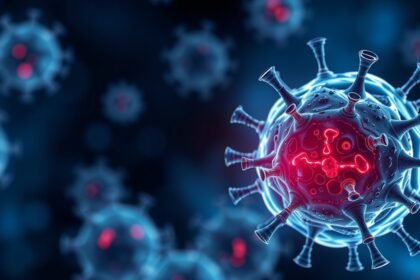 Mikroskopický pohľad na vírus s červenými a modrými detailmi.