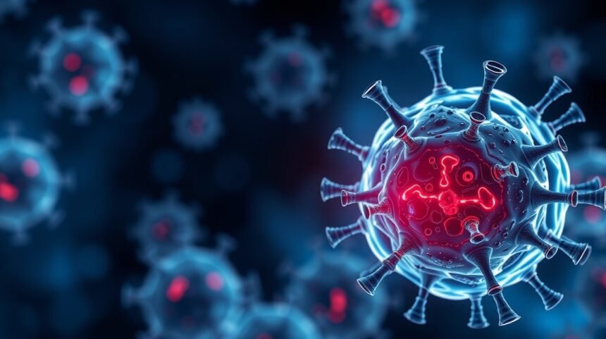 Mikroskopický pohľad na vírus s červenými a modrými detailmi.