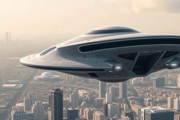 Moderný lietajúci tanier nad mestom, ilustrujúci koncept UFO.