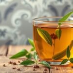 Šálka čaju z čajovníka čínskeho s listami, bohatá na antioxidanty