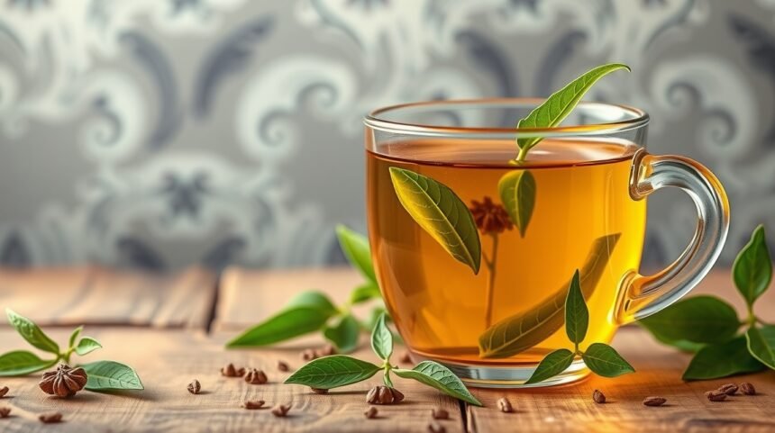 Šálka čaju z čajovníka čínskeho s listami, bohatá na antioxidanty