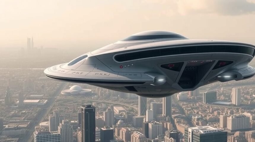 Moderný lietajúci tanier nad mestom, ilustrujúci koncept UFO.