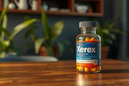 Prípravok Xerex s oranžovými tabletami na drevenom stole