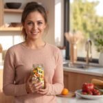 Žena drží pohár s vitamínmi a stojí v kuchyni plnej ovocia a zeleniny.