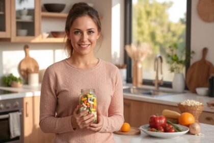 Žena drží pohár s vitamínmi a stojí v kuchyni plnej ovocia a zeleniny.