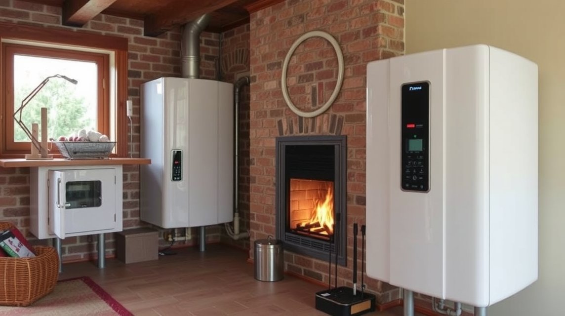 Moderný Atmos kotol v útulnom interiéri s krbom