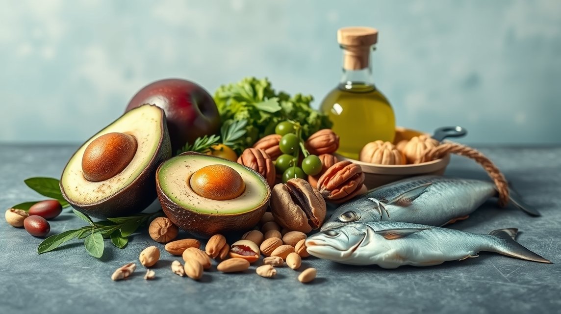 Rôzne zdravé tuky ako avokádo, ryby a orechy na stoloch.