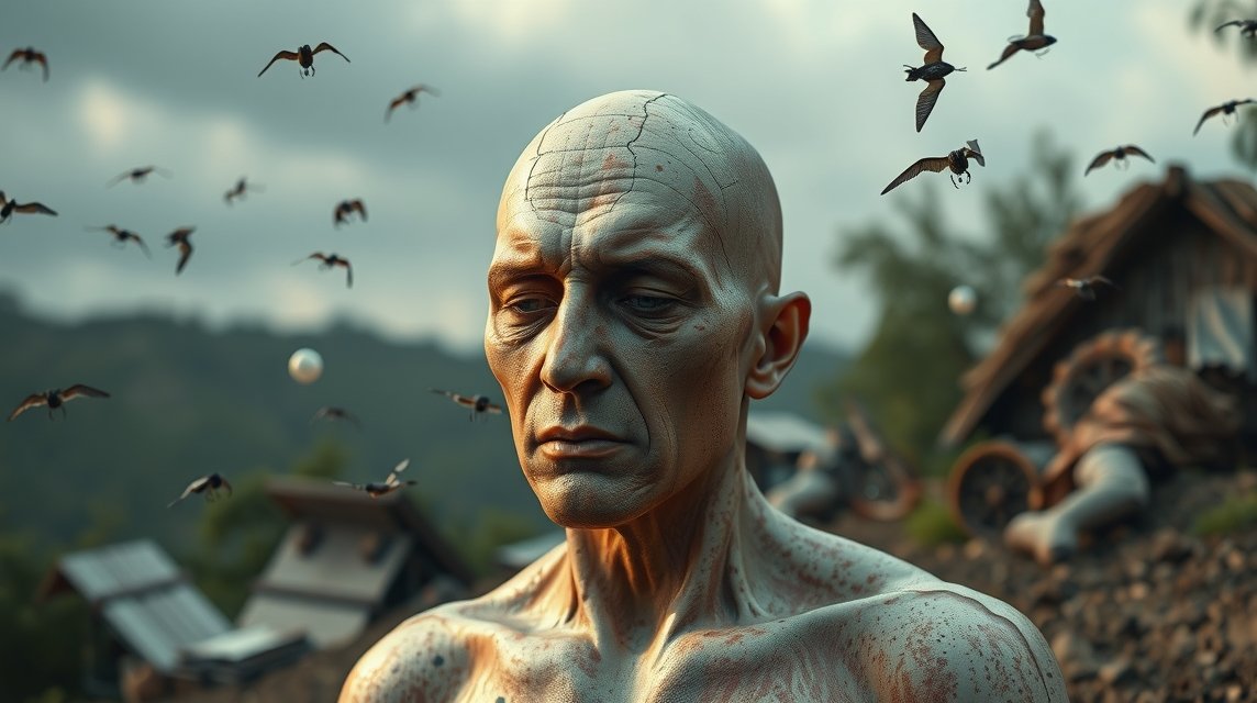 Muž s rozoznateľnými znakmi obavy a vtákmi v pozadí