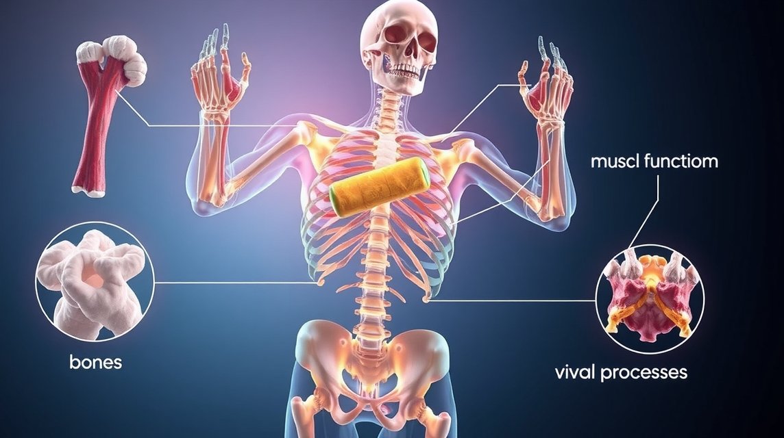 Ilustrácia vplyvu vápnika na kosti a svalovú funkciu v tele.