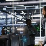 Zamestnanci pracujúci v modernom dátovom centre s technológiou VMware