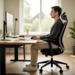 Ergonomicky nastavený pracovný stôl, stolička a monitor pri dlhom sedení