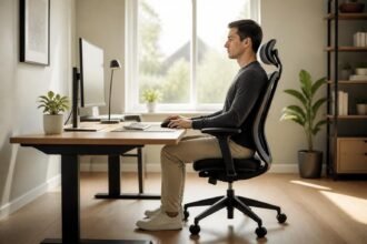Ergonomicky nastavený pracovný stôl, stolička a monitor pri dlhom sedení
