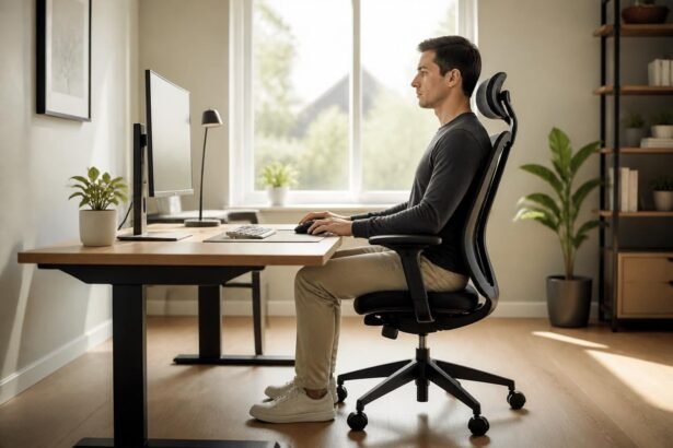 Ergonomicky nastavený pracovný stôl, stolička a monitor pri dlhom sedení