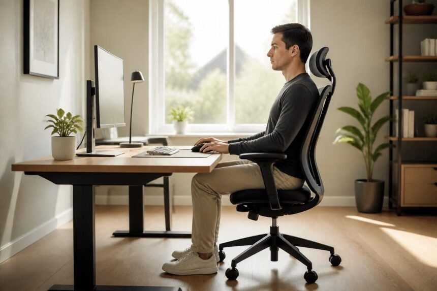 Ergonomicky nastavený pracovný stôl, stolička a monitor pri dlhom sedení